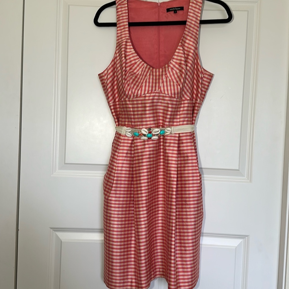 Nanette Lepore size 8 100% silk dress  Pink orange &  yellow gingham checkered